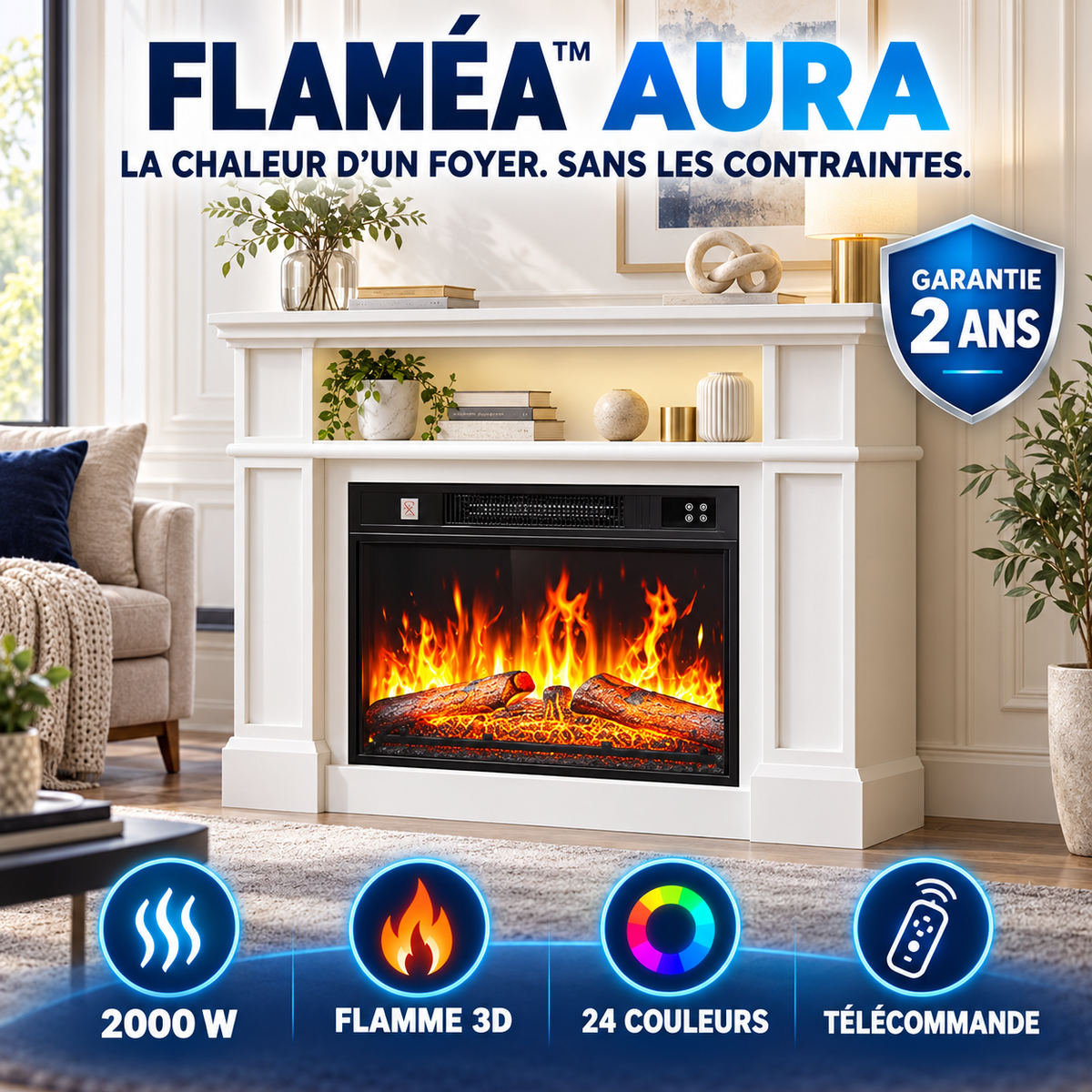 FLAMÉA™ Aura — Cheminée électrique autoportante 2000 W