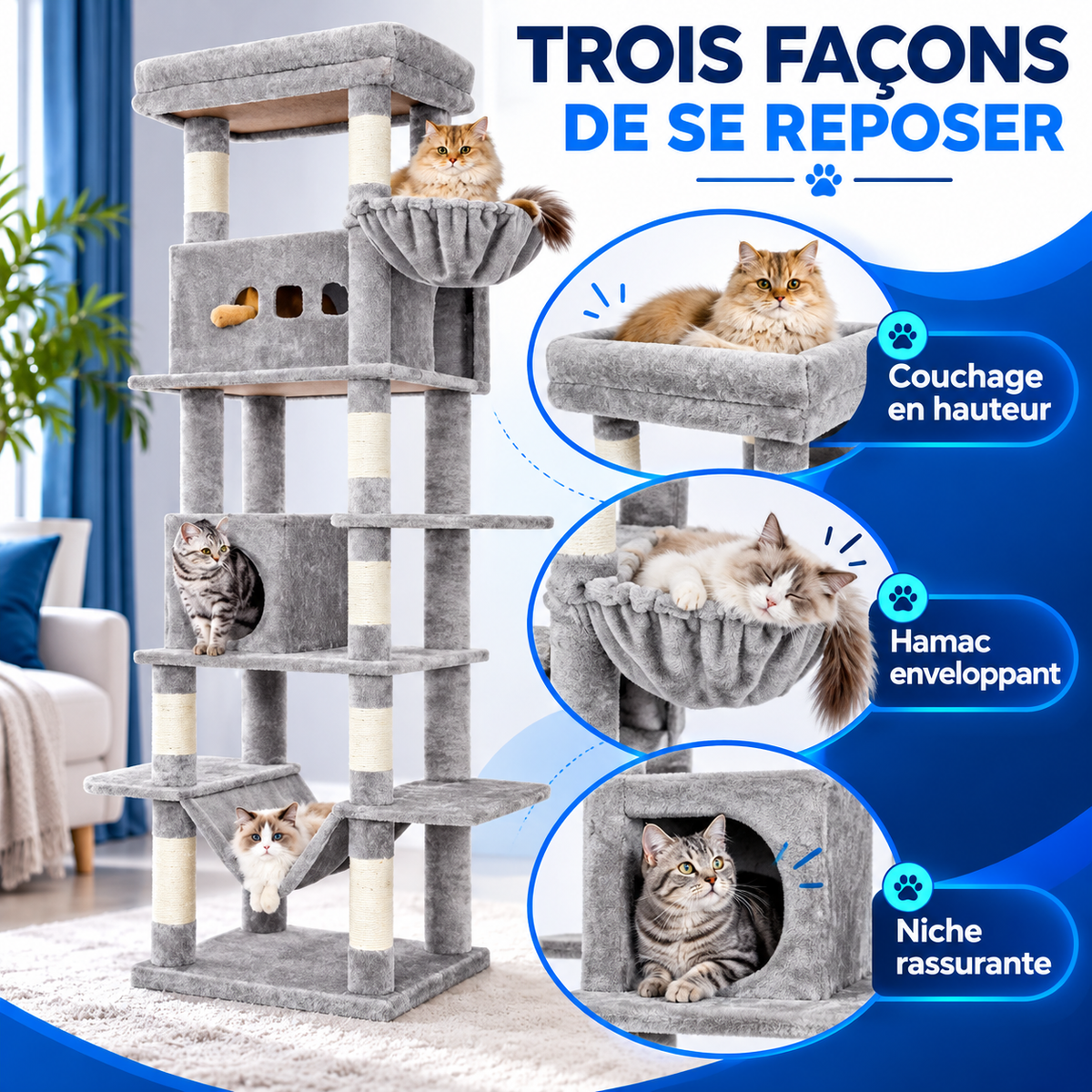 FÉLYA™ — Arbre à chat multi-niveaux avec hamac, niches et griffoirs