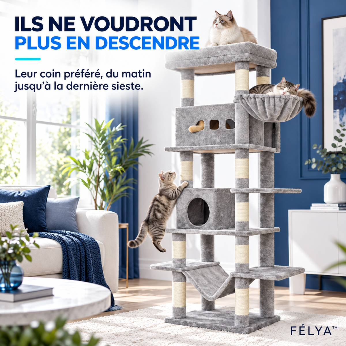 FÉLYA™ — Arbre à chat multi-niveaux avec hamac, niches et griffoirs