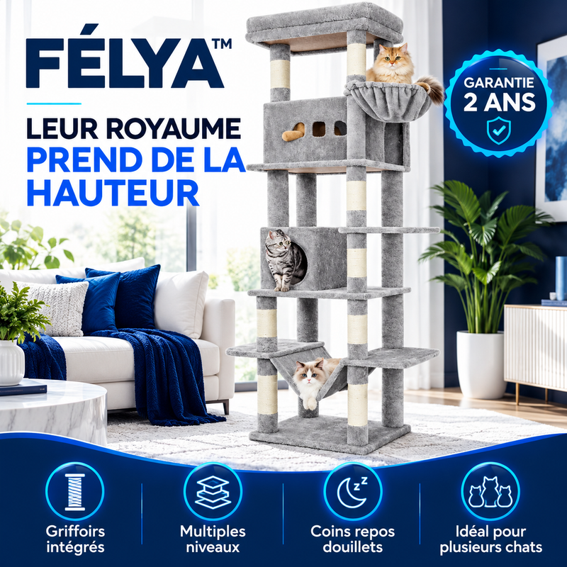 FÉLYA™ — Arbre à chat multi-niveaux avec hamac, niches et griffoirs