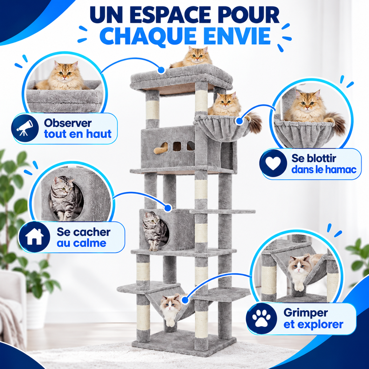 FÉLYA™ — Arbre à chat multi-niveaux avec hamac, niches et griffoirs