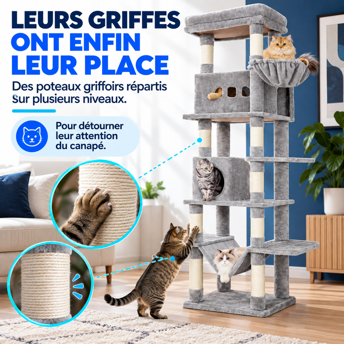FÉLYA™ — Arbre à chat multi-niveaux avec hamac, niches et griffoirs