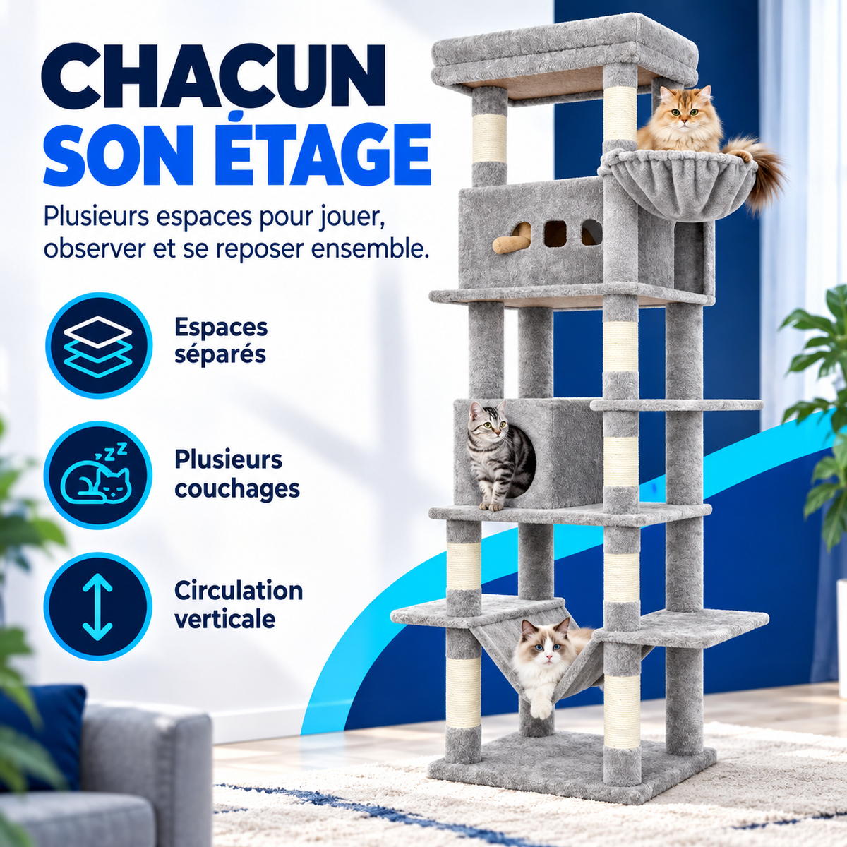 FÉLYA™ — Arbre à chat multi-niveaux avec hamac, niches et griffoirs