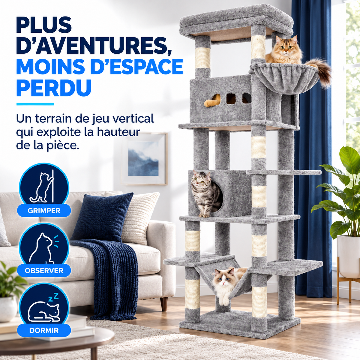 FÉLYA™ — Arbre à chat multi-niveaux avec hamac, niches et griffoirs