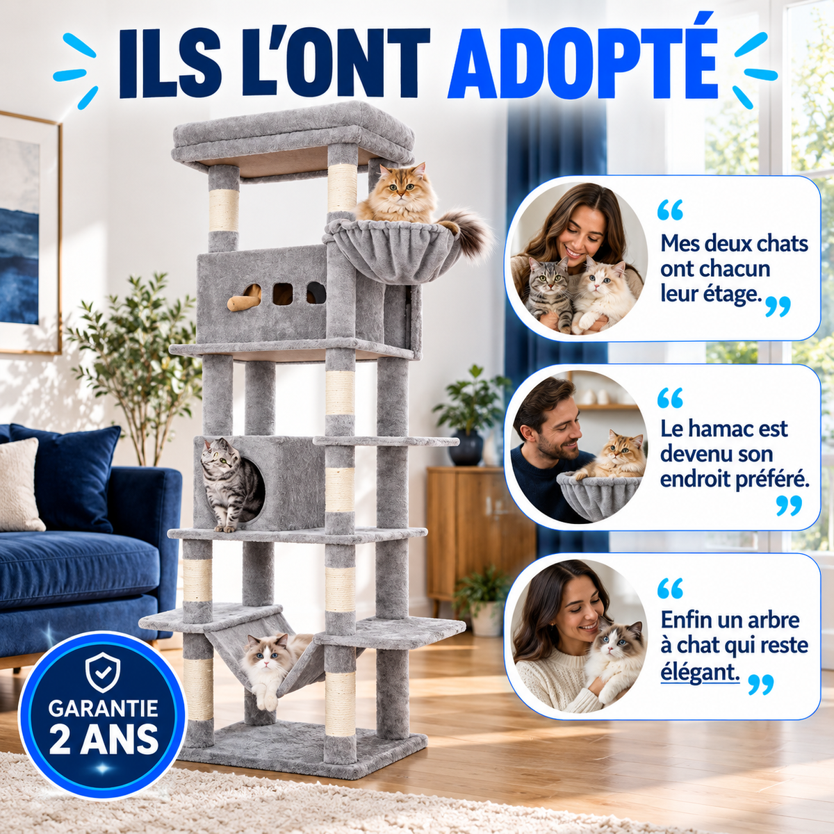 FÉLYA™ — Arbre à chat multi-niveaux avec hamac, niches et griffoirs